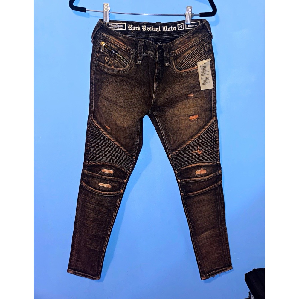 Rock Revival Moto Nelrose Skinny Jeans Black Acid Wash Distressed Mens 27